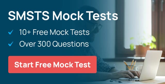 Free SMSTS mock tests banner offering over 300 questions and 10+ practice exams to prepare for the SMSTS course exam